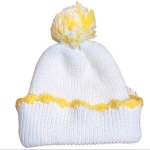 White and Yellow Pom Pom Winter Knit Cap Hat